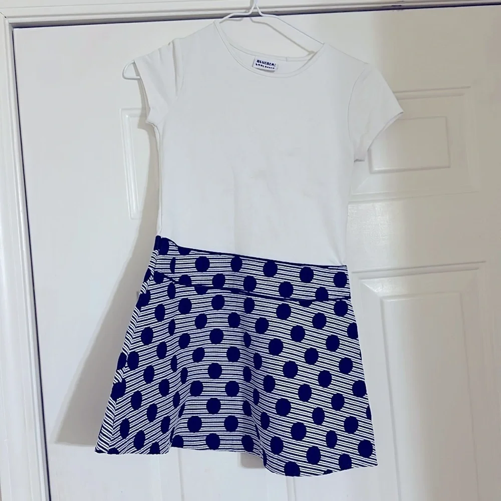 2pcs Blueberi Boulevard Navy Blue Silver white polka dots Girls Dress Top Coat